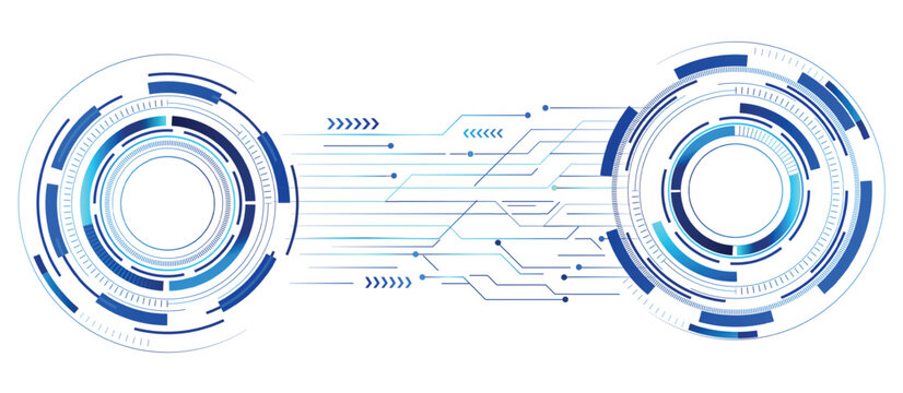 Futuristic dual HUD interface elements connected by blue digital circuit lines and data transmission arrows on a isolated white background