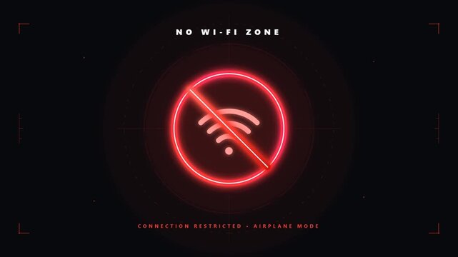 No wifi zone warning screen with connection restricted airplane mode text on black background. 4K motion Loop