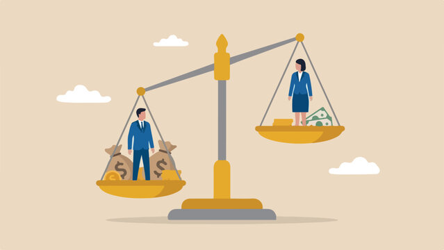 Gender pay gap, unequal salary, wage discrimination concept, two glowing scales of justice tipping unfairly between a male and female business figure, clean minimal flat vector illustration