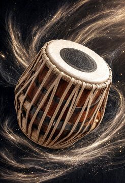 Traditional indian tabla drum with intricate design isolated on transparent background with dynamic motion trails
