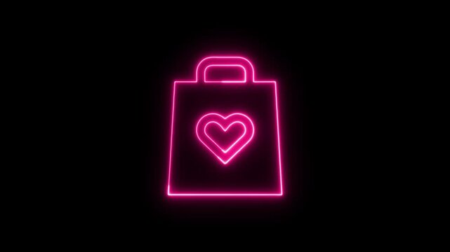 Glowing pink neon shopping bag with a heart shape icon on a black background.