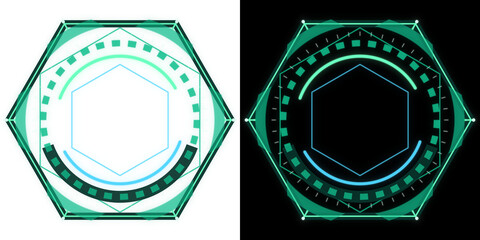Futuristic sci-fi HUD circular frame, hexagonal tech shell in emerald green, transparent background © zara