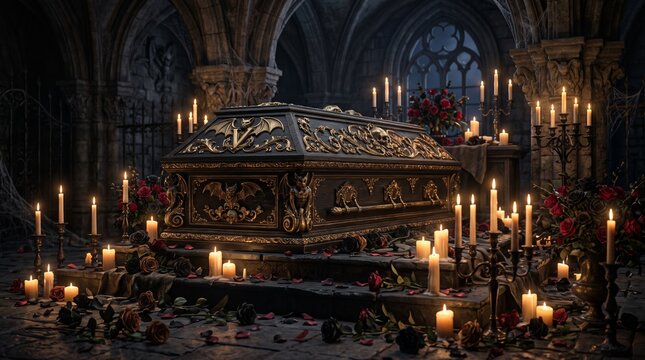 Ornate Gothic Coffin in a Candlelit Haunted Crypt