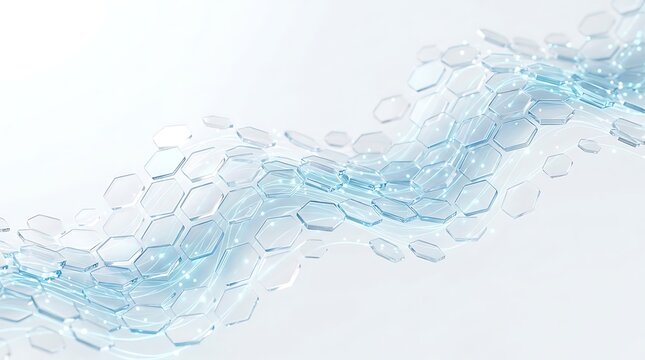 Abstract futuristic hexagonal glass tiles floating in a clean wave pattern background design