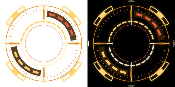 Futuristic sci-fi HUD circular frame, quadrant targeting reticle in amber gold, transparent background