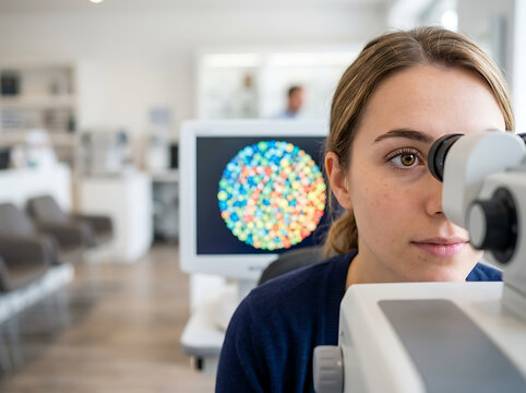 Young woman undergoing a color vision Ishihara test during an optometry eye examination