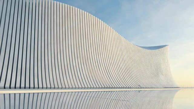 Sleek white wave-like architectural structure with vertical slats reflected in calm water under changing sky