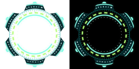 Futuristic sci-fi HUD circular frame, six floating plates in jade teal, transparent background © zara