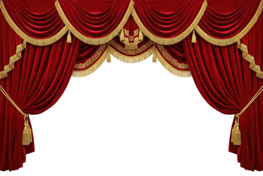 Red velvet stage curtains with gold fringe tassels on black background