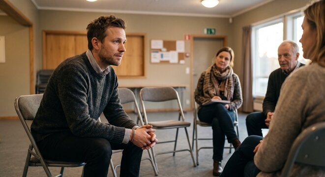 Man Speaking in a Circle at a Support Group Meeting