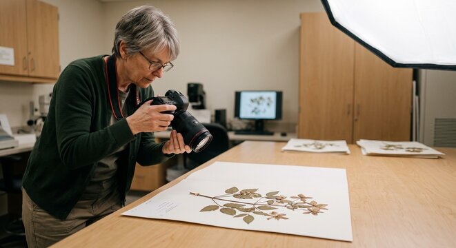 Senior Female Researcher Photographing Plant Specimen in Herbarium Archive