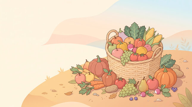Vector Illustration of Woven Basket Overflowing with Autumn Harvest Produce