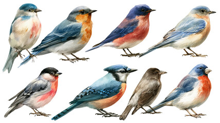 Obraz premium Forest bird collection, detailed watercolor clipart with soft shadows and clean edges, isolated PNG on transparent background
