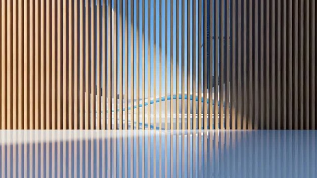 Modern architectural scene with wavy white and blue structures, vertical wooden slats, and reflective city skyline backdrop