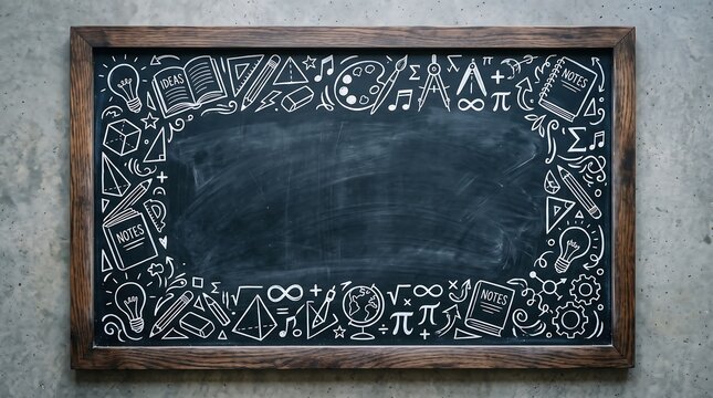 Chalkboard frame decorated with hand drawn educational icons including mathematics geometry science and creative arts doodles set against a dark rustic wooden background for classroom presentations.