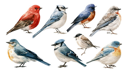 Obraz premium Forest bird collection, detailed watercolor clipart with soft shadows and clean edges, isolated PNG on transparent background
