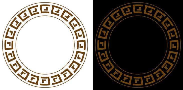 Greek key meander ornamental circular border in bronze brown, transparent background