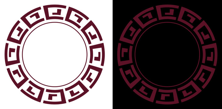 Greek key meander ornamental circular border in burgundy red, transparent background