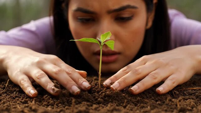A woman carefully plants a small green sapling into rich soil with both hands, surrounded by garden foliage as a digital scanning effect moves across the scene.