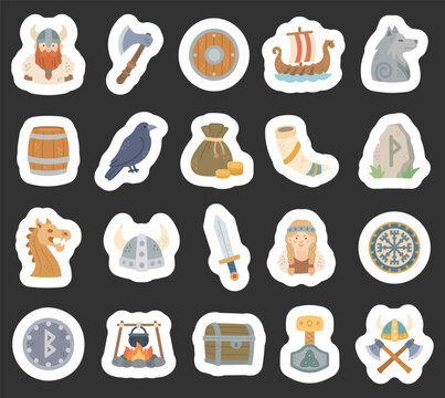 Medieval history viking set featuring warrior axe shield longship wolf barrel raven coin horn rune dragon helmet sword vegvisir cauldron