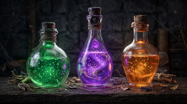 Magical Potion Bottles with Glowing Purple Green and Orange Liquids