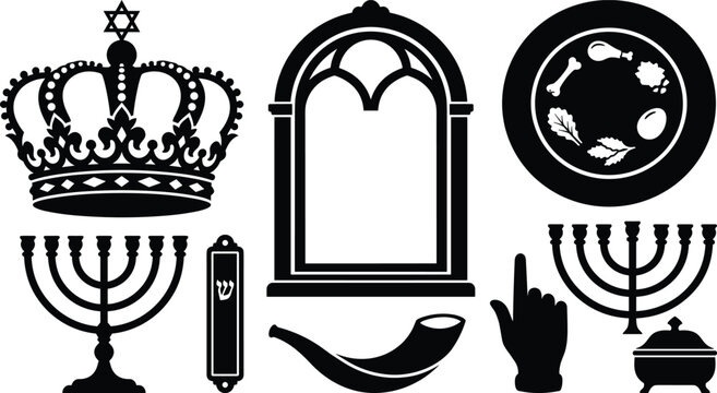 Collection of traditional Jewish culture and holiday symbols silhouettes including crown menorah and passover seder plate vector graphic