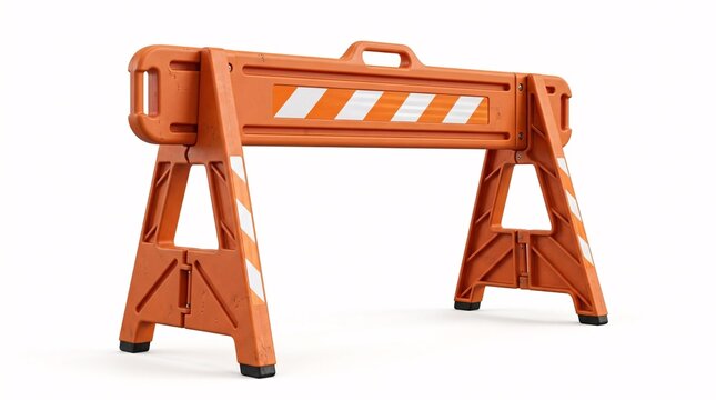 Orange plastic construction traffic barricade with white reflective stripes isolated on white background.