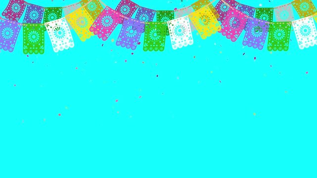 Colorful Mexican papel picado bunting hanging across a blue background with large copy space for festive celebrations.