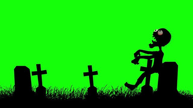 Animated zombie walking through a cemetery with gravestones and grass on a green screen, ideal for Halloween, horror and spooky video projects.