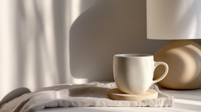 Ceramic coffee mug on wooden coaster beside lamp with soft morning light