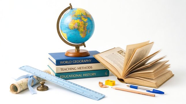 Educational supplies featuring a colorful terrestrial globe resting atop stacked history books beside an open vintage textbook with a blue plastic ruler and pencil nearby