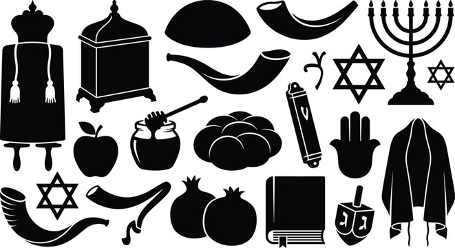 Collection of traditional Jewish culture symbols and holiday elements silhouettes including menorah star of David and shofar vector graphic
