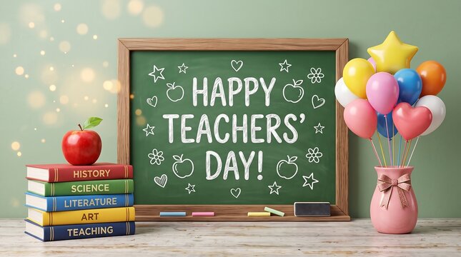 Happy teachers day message written on a vintage classroom chalkboard with colorful balloons stacked textbooks and a fresh red apple in a soft cinematic lighting