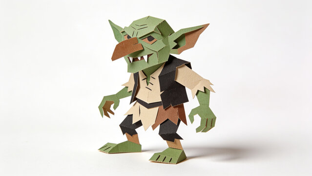 Mischievous green goblin represented as a handmade cardboard cutout