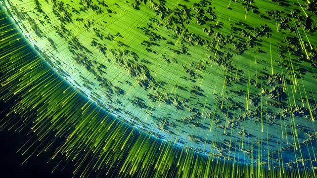 Green alien planet with glowing atmosphere and falling energy beams from space