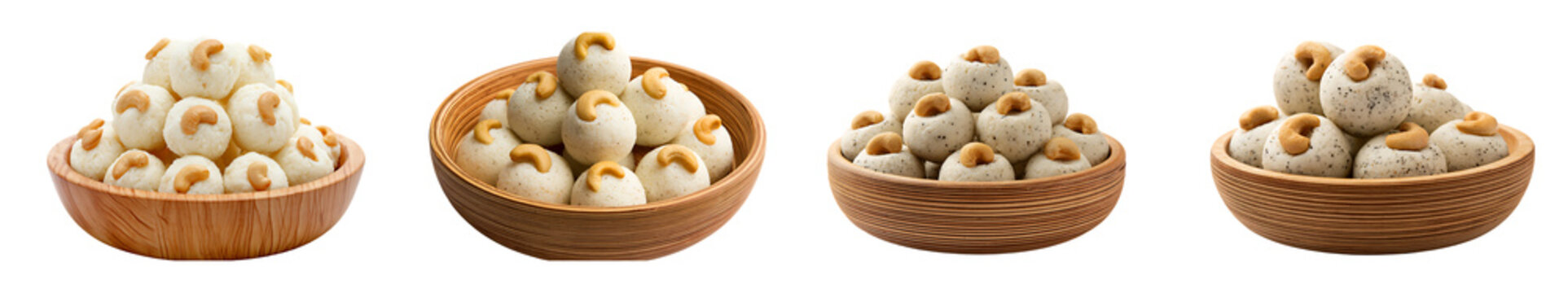 Four wooden bowls filled with various sweet laddoo balls topped with cashew nuts, isolated on transparent background