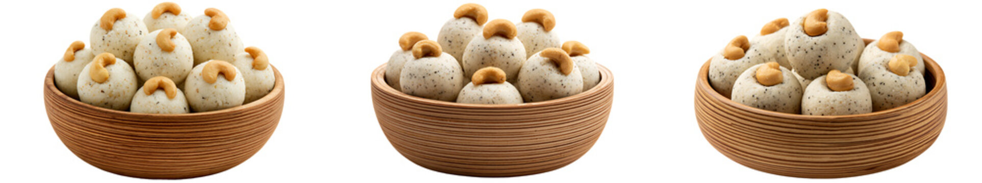 Three wooden bowls filled with delicious indian sweet laddoos garnished with cashews isolated on transparent background