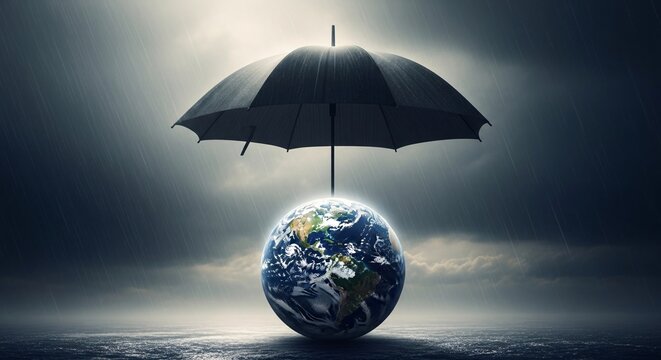 Environmental protection concept with globe under umbrella symbolizing climate change prevention and global sustainability efforts for a greener future