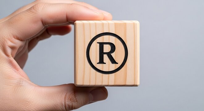 Close-up of a hand holding a wooden block with a registered trademark symbol R enclosed in a circle on a plain background for branding and legal concepts