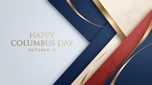 Happy Columbus Day greeting card, elegant October 12 holiday banner, patriotic blue and red geometric background with gold stars