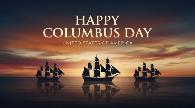 Happy Columbus Day greeting with sailing ships, historic wooden vessels at sunset, United States of America holiday background