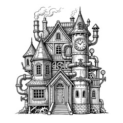 Obraz premium Steampunk house illustration with gears and pipes