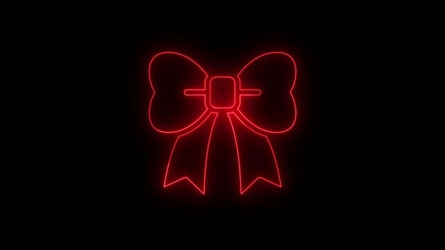 Bright glowing red neon bow ribbon icon on a dark black background.