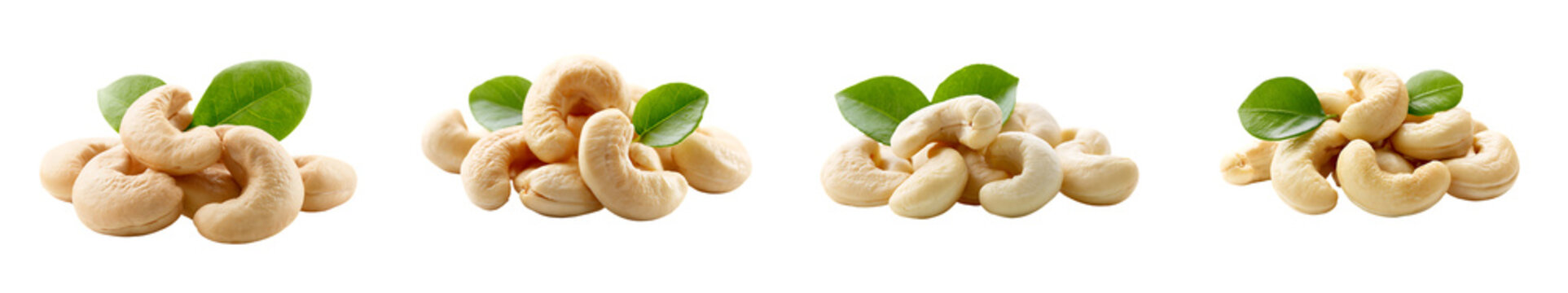 Four heaps of delicious cashew nuts with green leaves isolated on transparent background