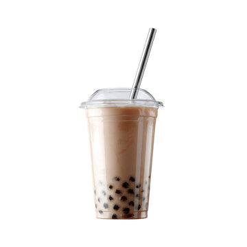 Plastic cup of milk bubble tea with black tapioca pearls and a metal straw