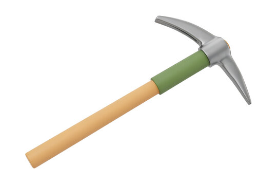 A small handheld pickaxe tool with a silver metal head, green grip, and a light wooden handle isolated on a transparent background