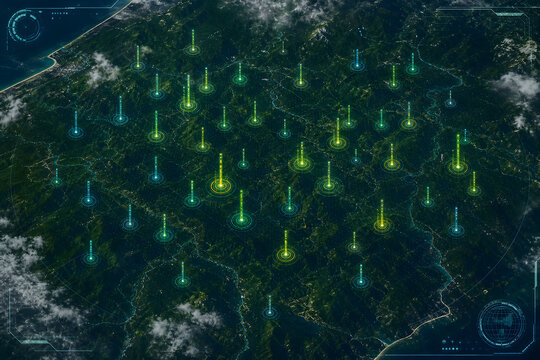 Satellite view of forested region with overlaid glowing data points indicating carbon monitoring and environmental mapping network