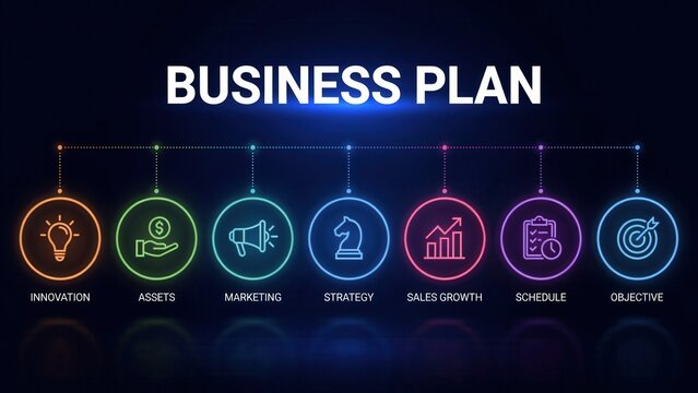 Neon business plan infographic with glowing icons on a dark background. Perfect for corporate strategy presentations and professional development planning.