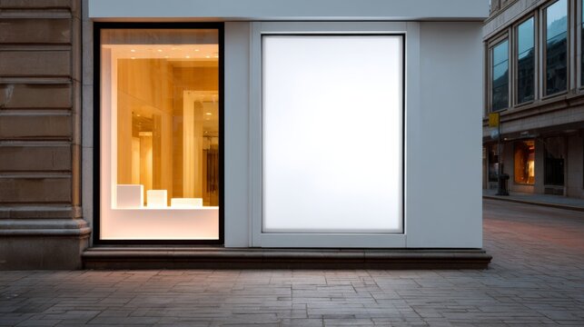 Modern store front display window and blank billboard mockup on urban street