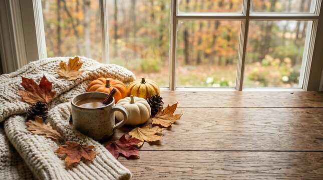 Cozy autumn scene with a warm mug and pumpkins on a rustic wooden window sill with fall leaves